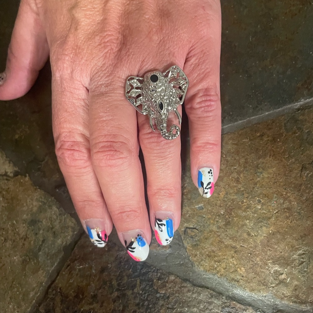 Elephant Statement Ring in Silver with Colorful Nail Art